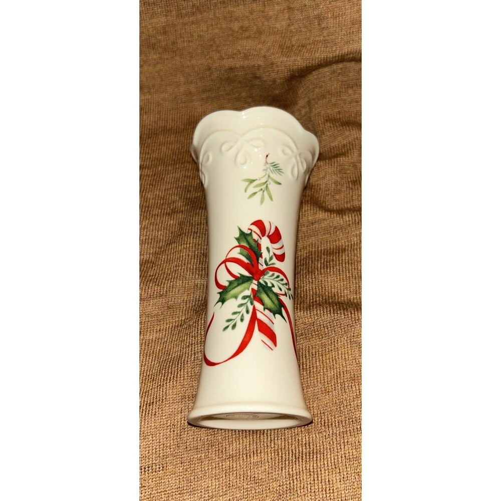 5” Lenox Candy Cane Vase Holly & Ribbon